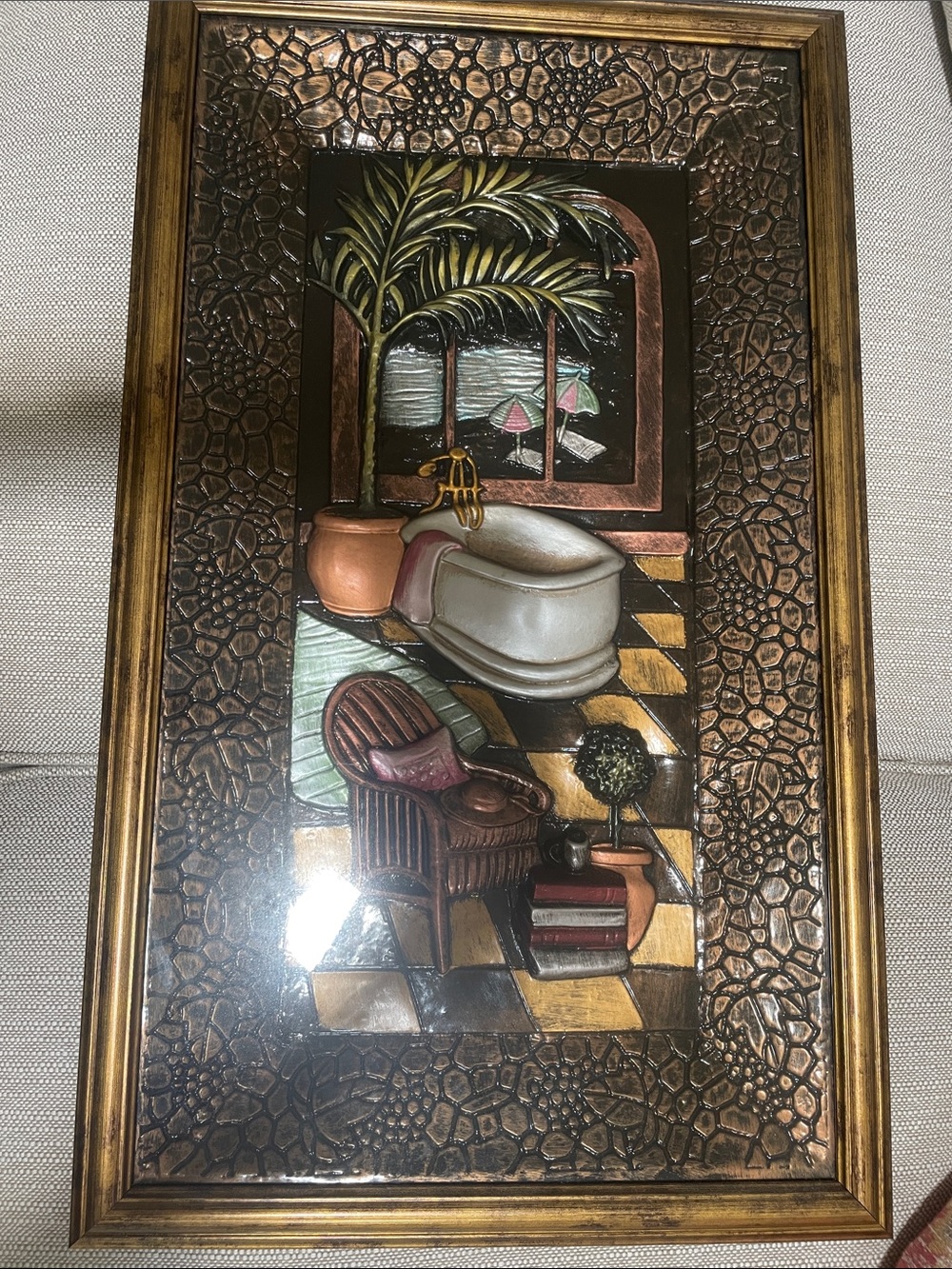 Framed Tropical Bathroom Relief Art with Palm and Tub - Gold/Bronze
